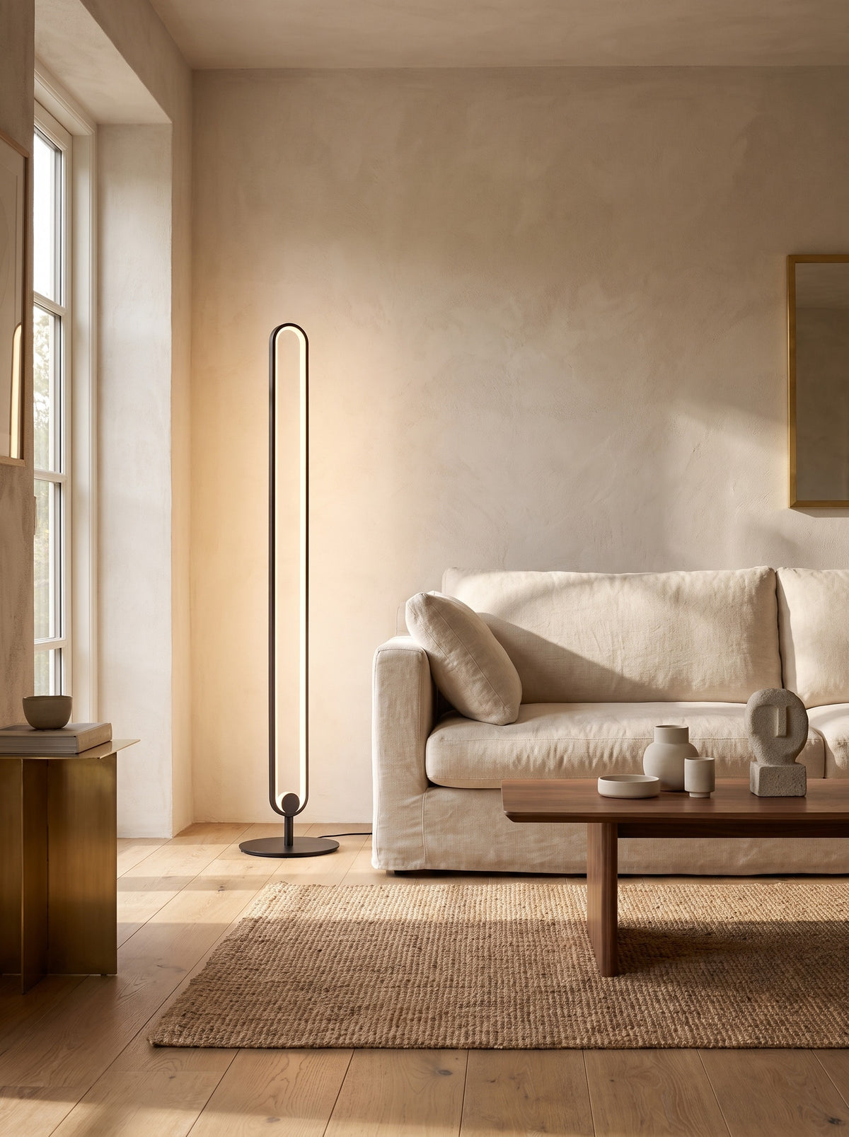 Haloform Modern Minimalist LED Standing Oval Floor Lamp in a styled room