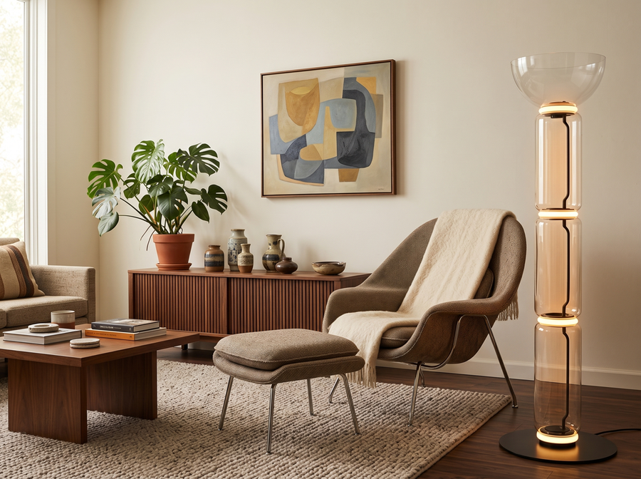 Clarion Bamboo Glass Floor Lamp — Mid-Century Warmth