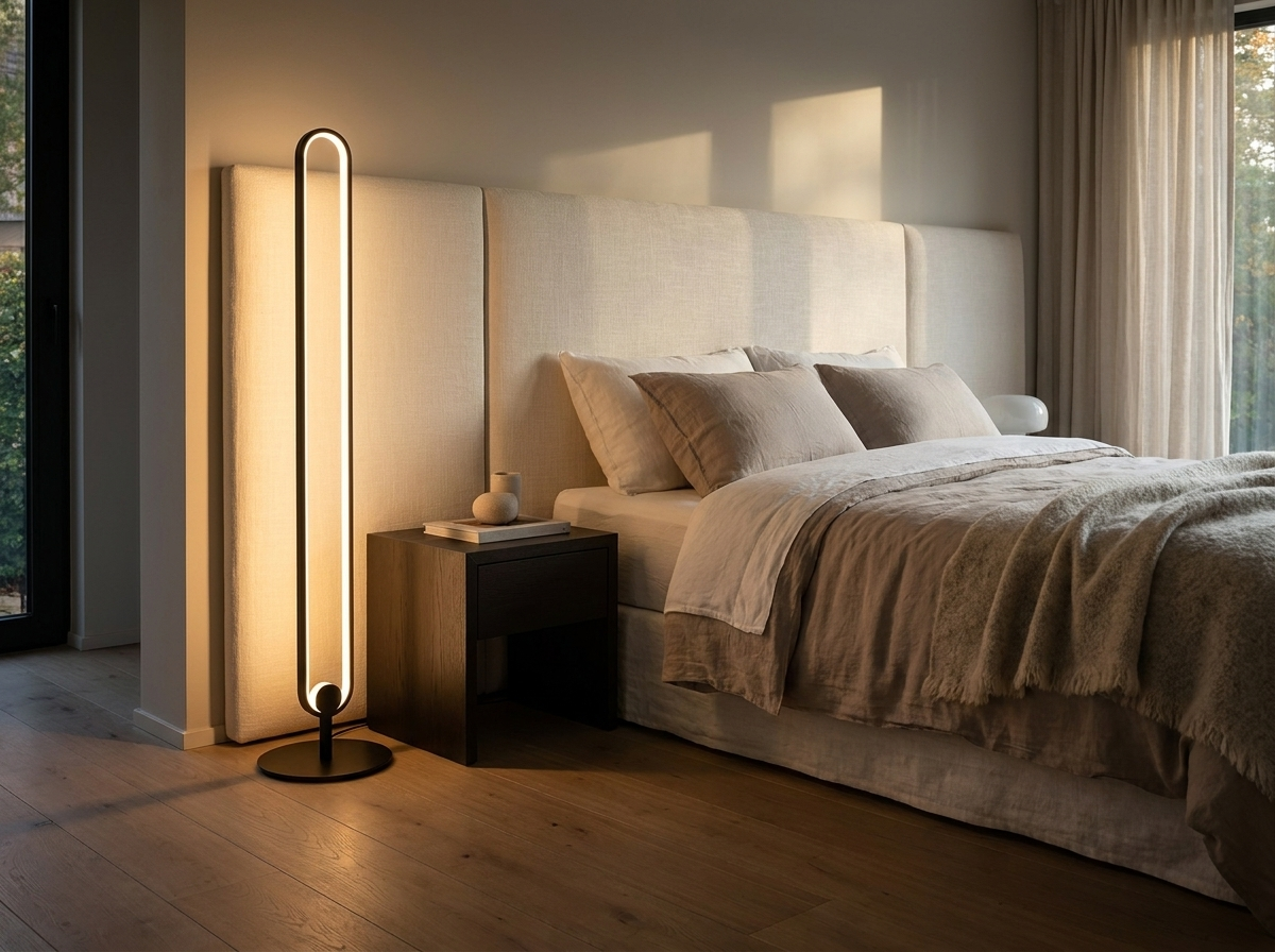 Haloform Modern Minimalist LED Standing Oval Floor Lamp in a styled room