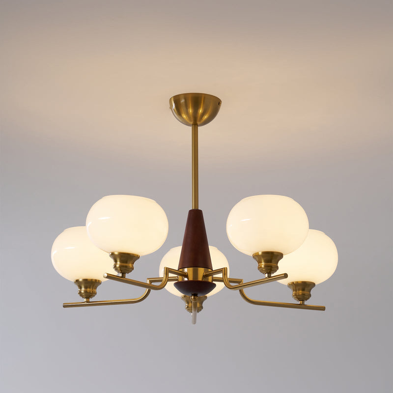 Sferanne Walnut Sphere Chandelier, 5-light chandelier lit, plain grey studio backdrop, full product