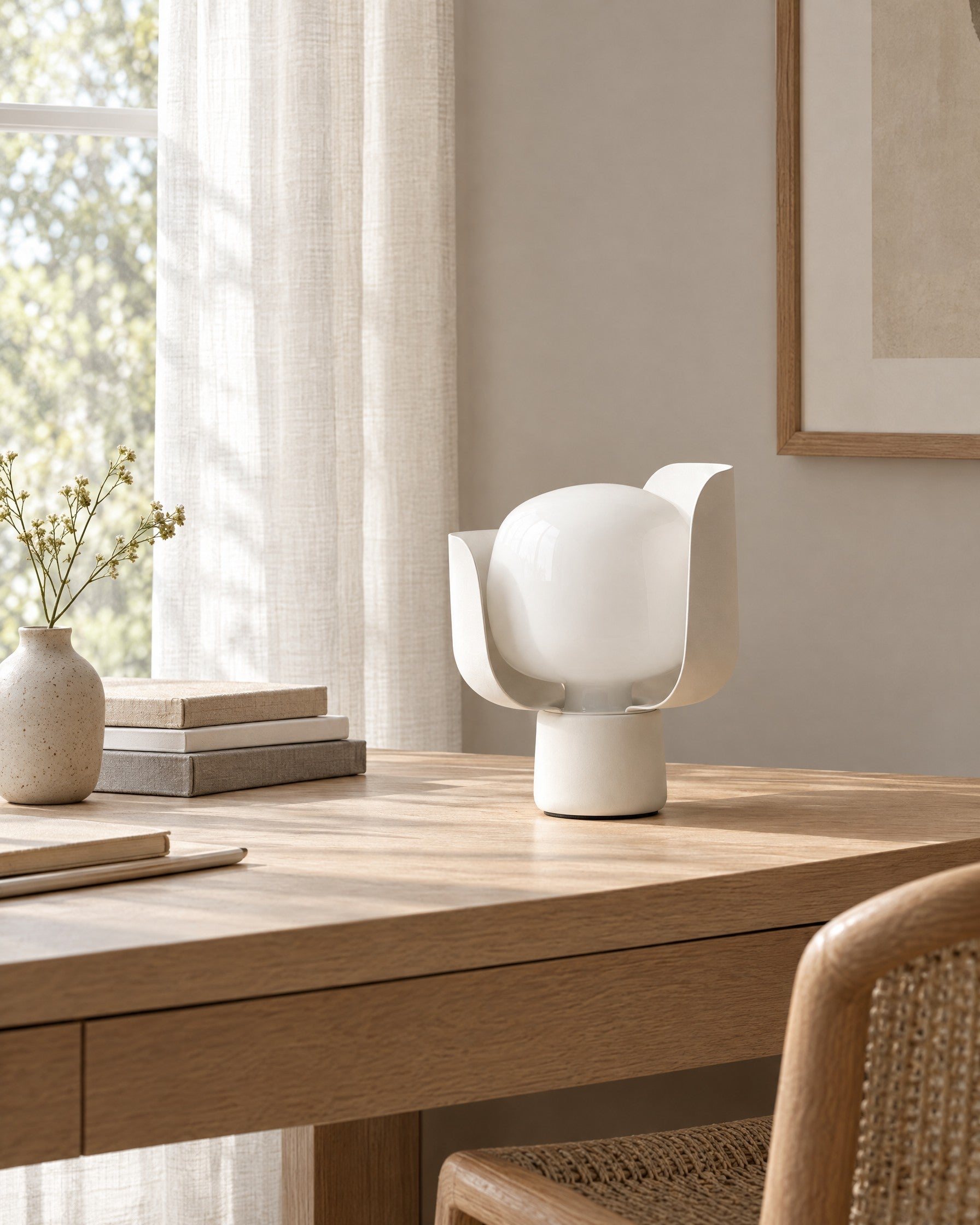 Pethella Table Lamp in white, switched off on an oak desk in daylight