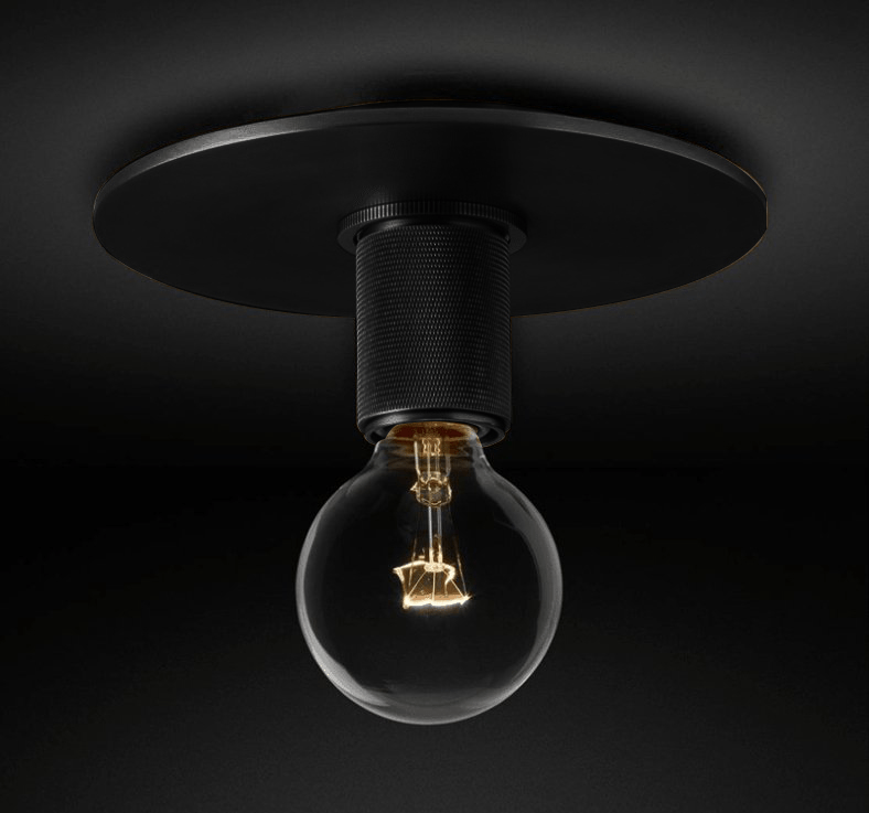 Flush-mount ceiling light with a dark ceiling plate and knurled holder, shown with the bulb exposed.