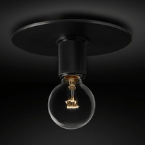 Flush-mount ceiling light with a dark ceiling plate and knurled holder, shown with the bulb exposed.