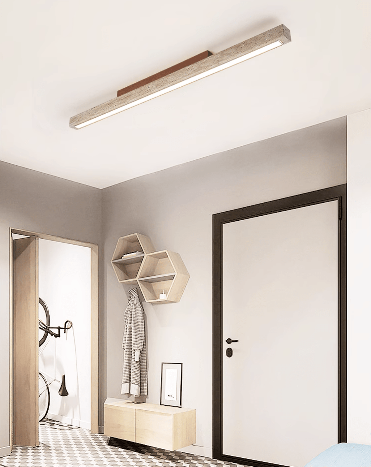 Travellin Ceiling Light, travertine bar with dark walnut mount lit above an entry hall