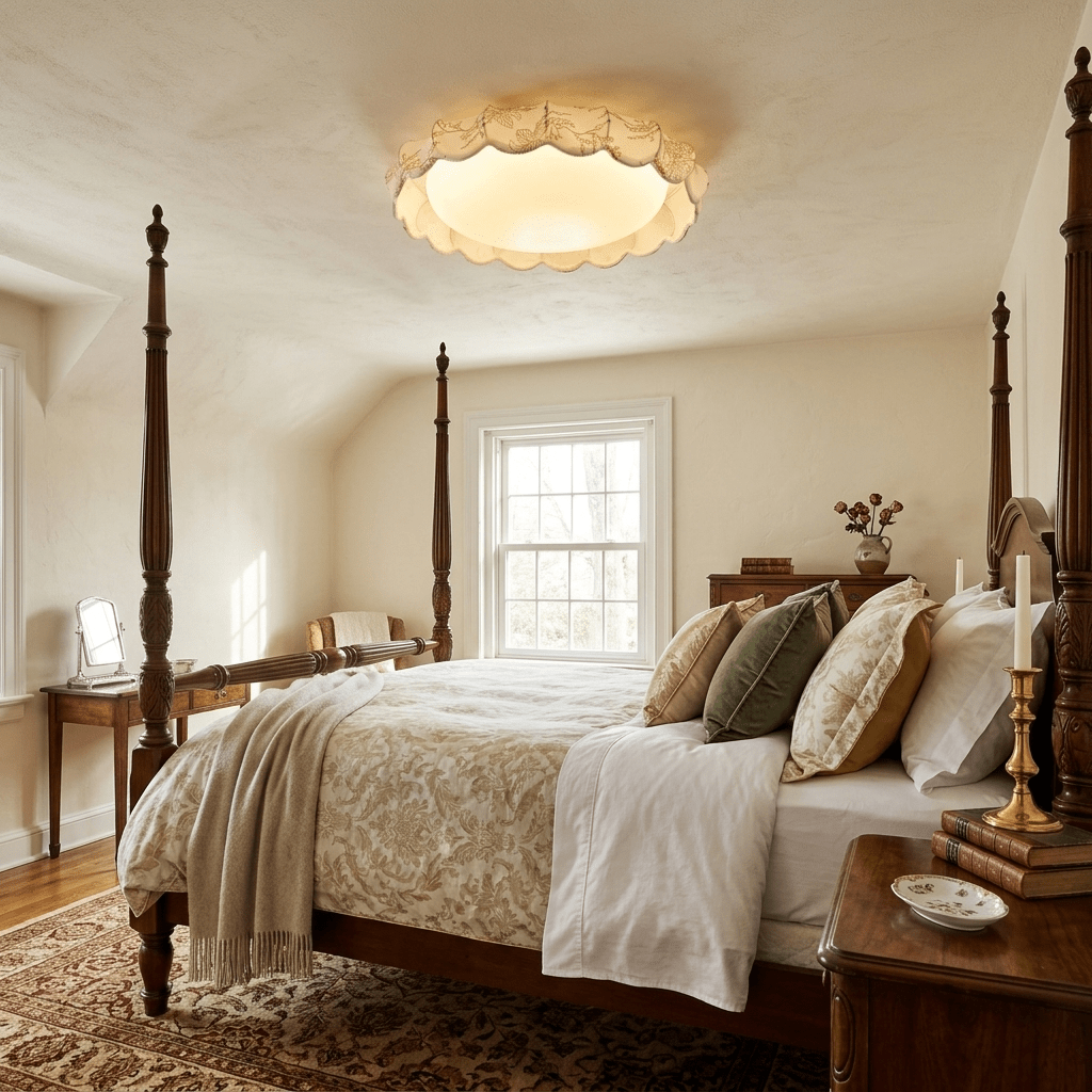 Lunavess Ceiling Light - lit warm in a bedroom with a four-poster bed