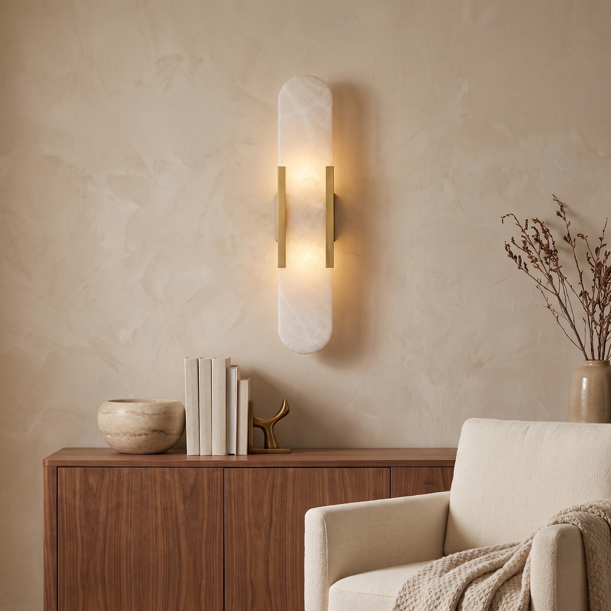 Celestine Alabaster Oblong Wall Sconce styled on a warm plaster wall