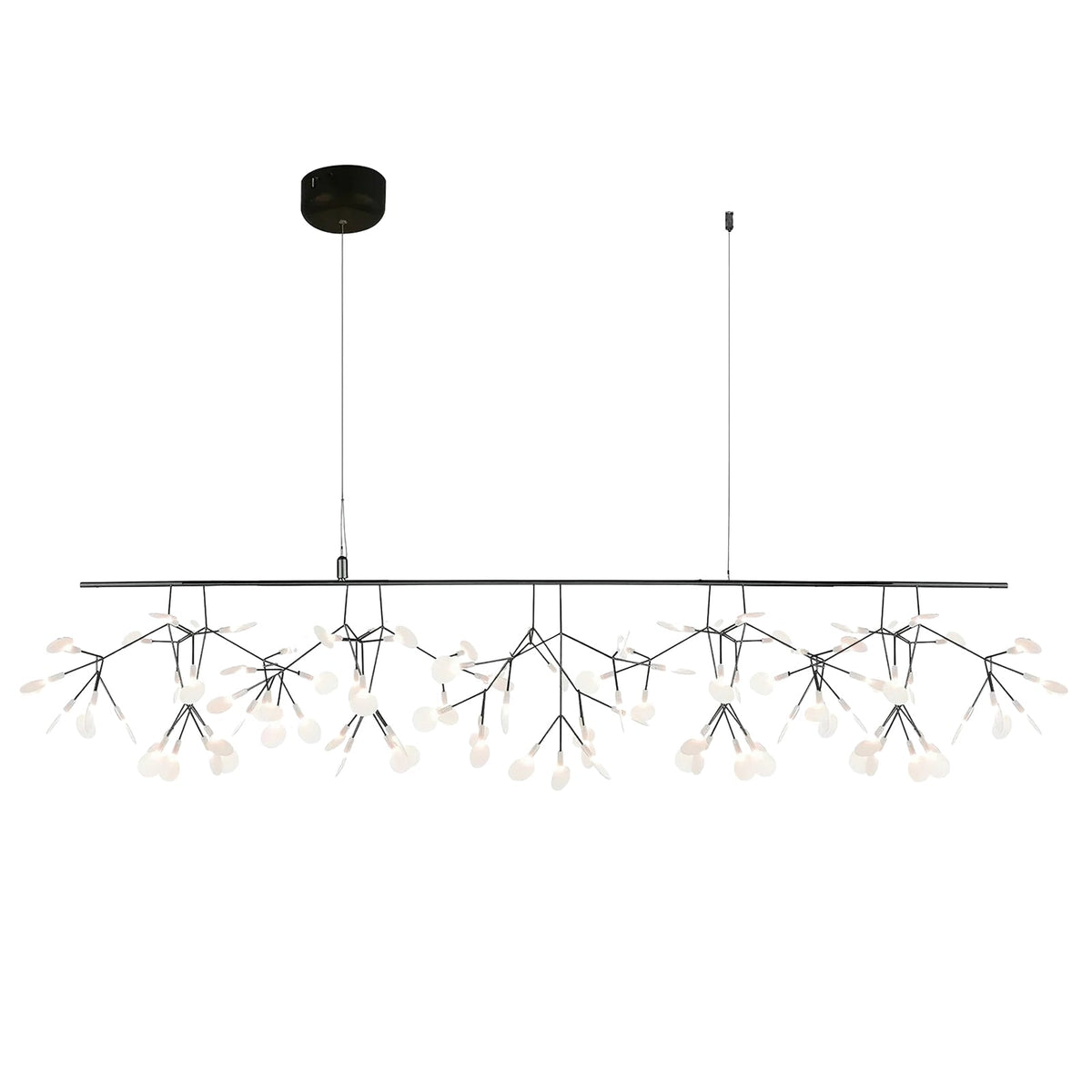 Comvilo firefly LED chandelier in black, long linear bar format with branching light clusters on a plain background
