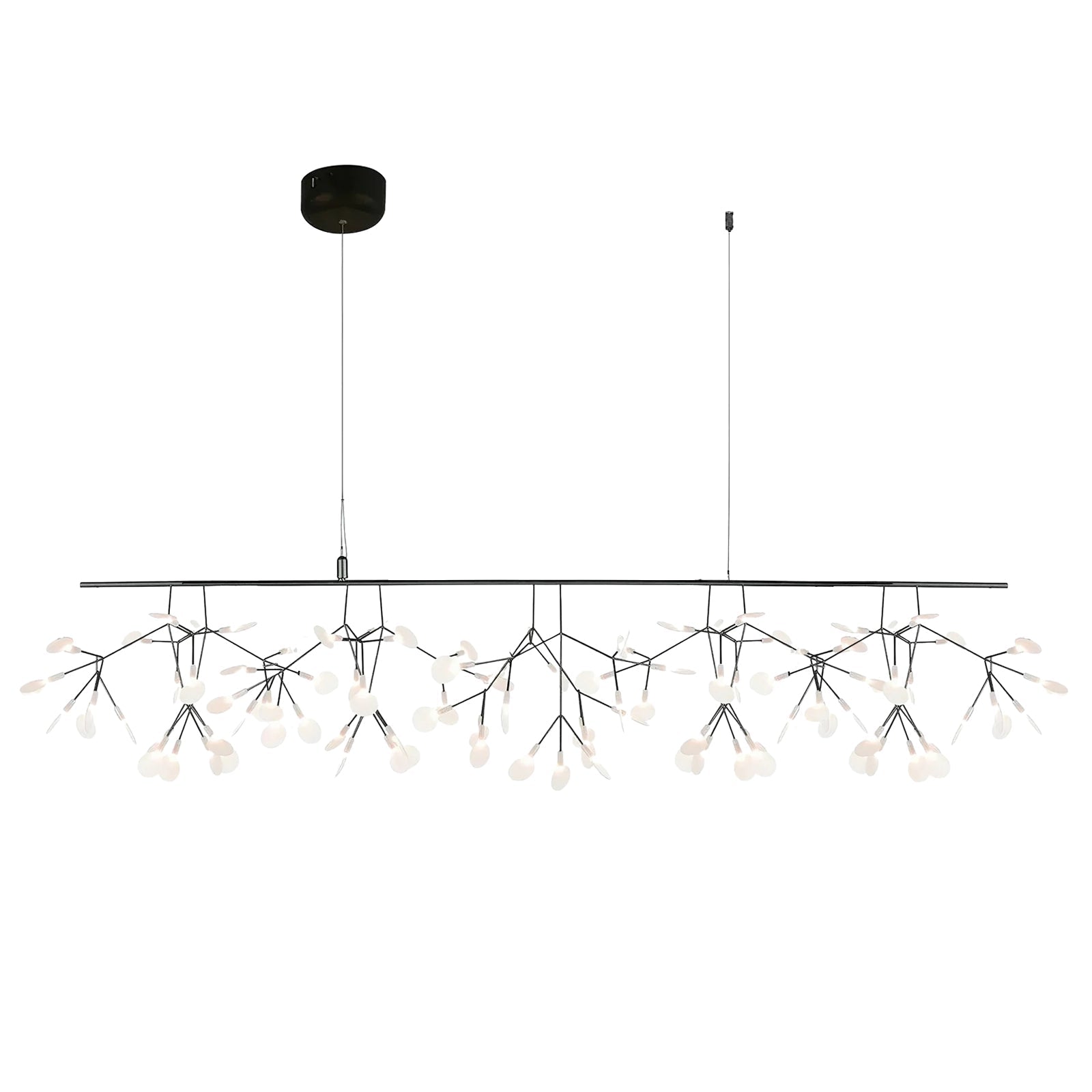 Comvilo firefly LED chandelier in black, long linear bar format with branching light clusters on a plain background