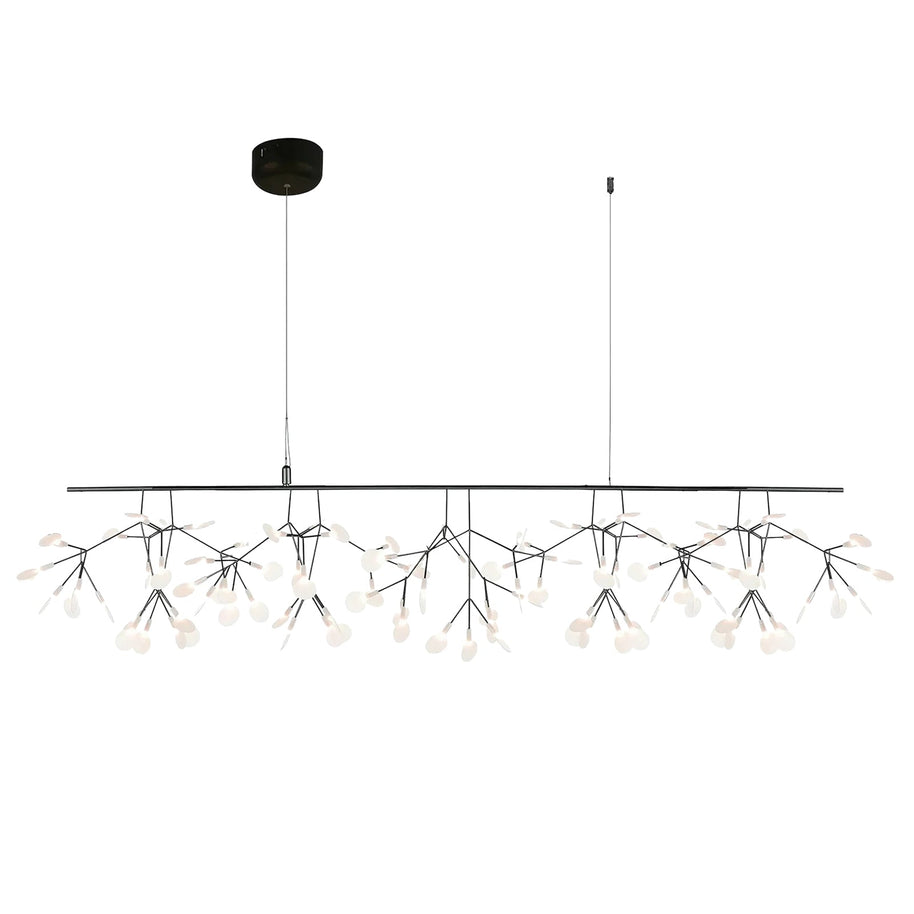 Comvilo firefly LED chandelier in black, long linear bar format with branching light clusters on a plain background