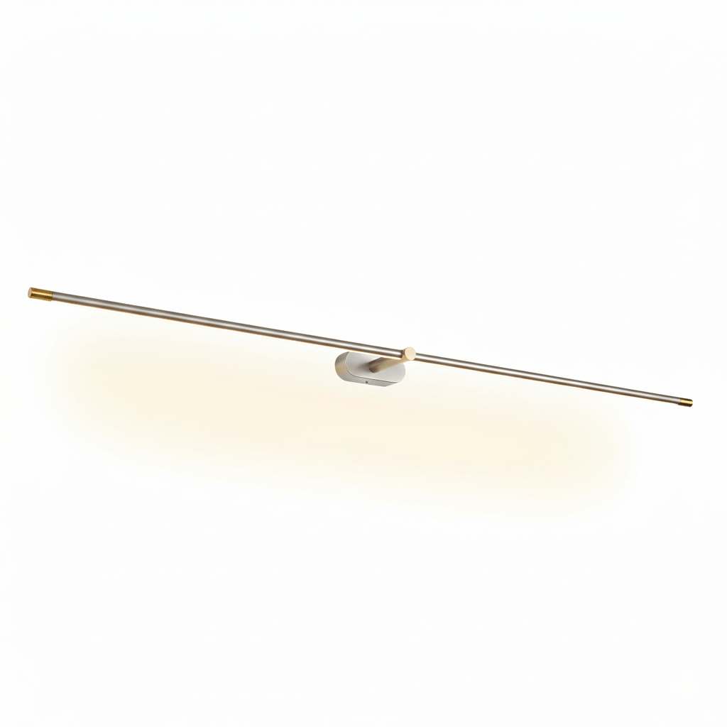 Brushed nickel and gold slim linear LED wall light on an oval wall plate, angled view on a white background