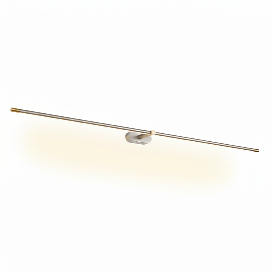 Brushed nickel and gold slim linear LED wall light on an oval wall plate, angled view on a white background