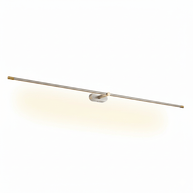 Brushed nickel and gold slim linear LED wall light on an oval wall plate, angled view on a white background