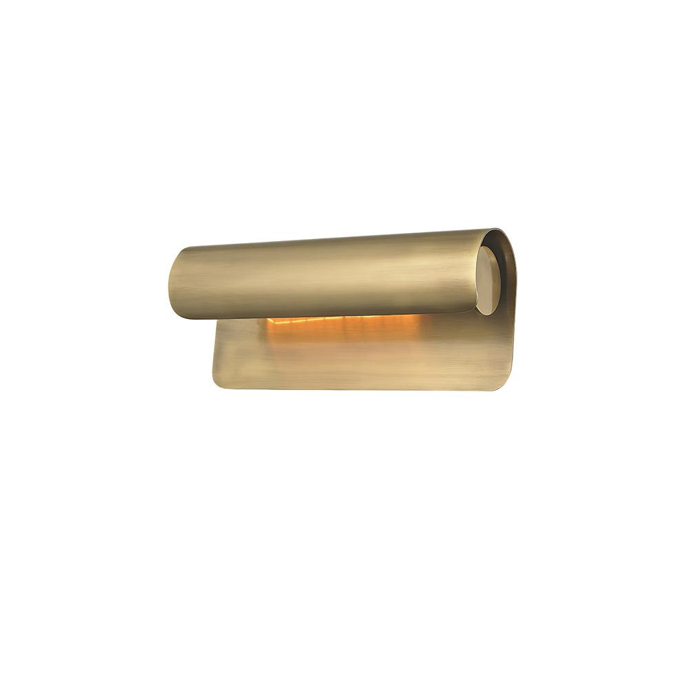 Accelle Wall Light - short brushed brass rolled-cylinder wall light, lit warm