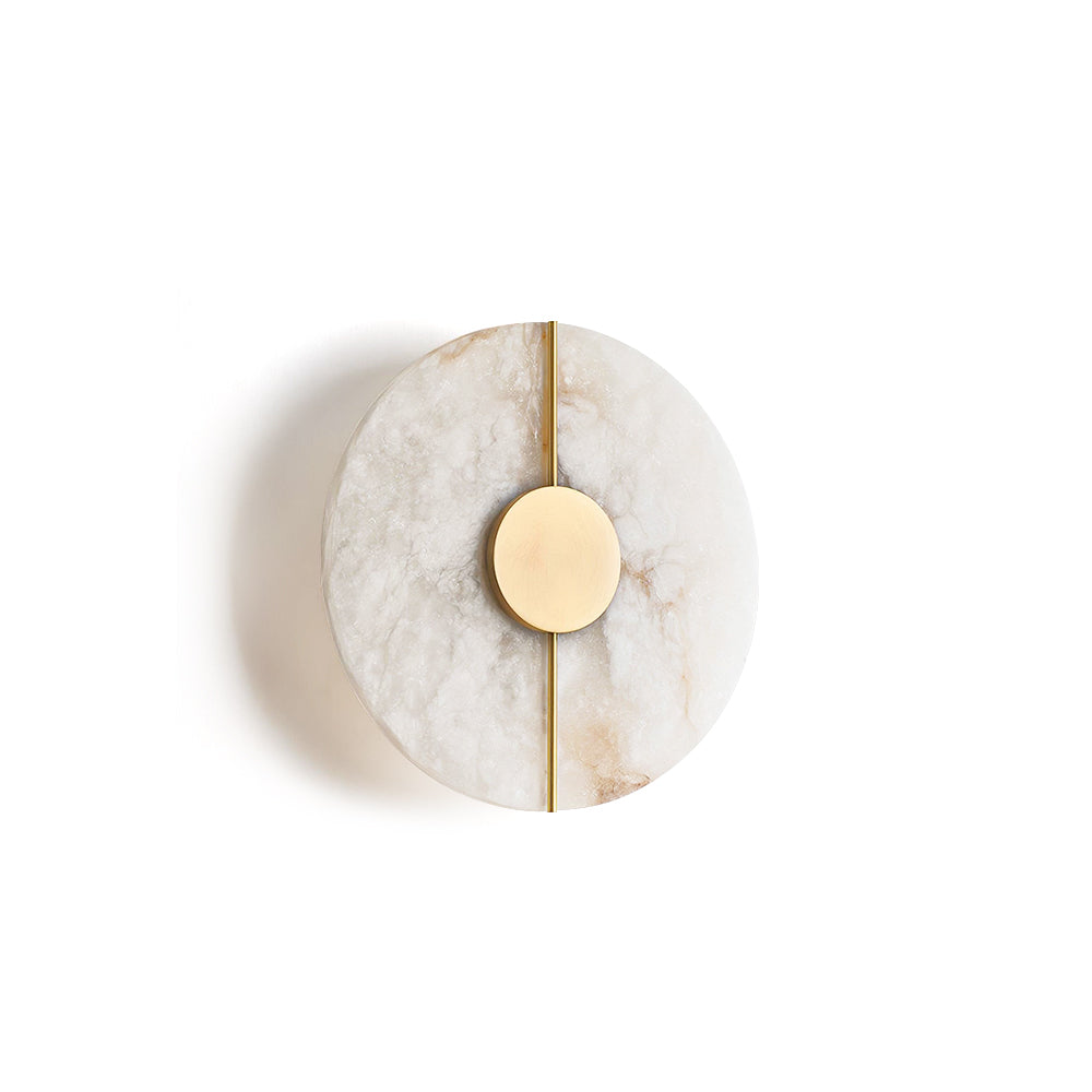 Wall light with a round veined alabaster disc, a slim brass rod and a brass centre disc, unlit, on a white background.