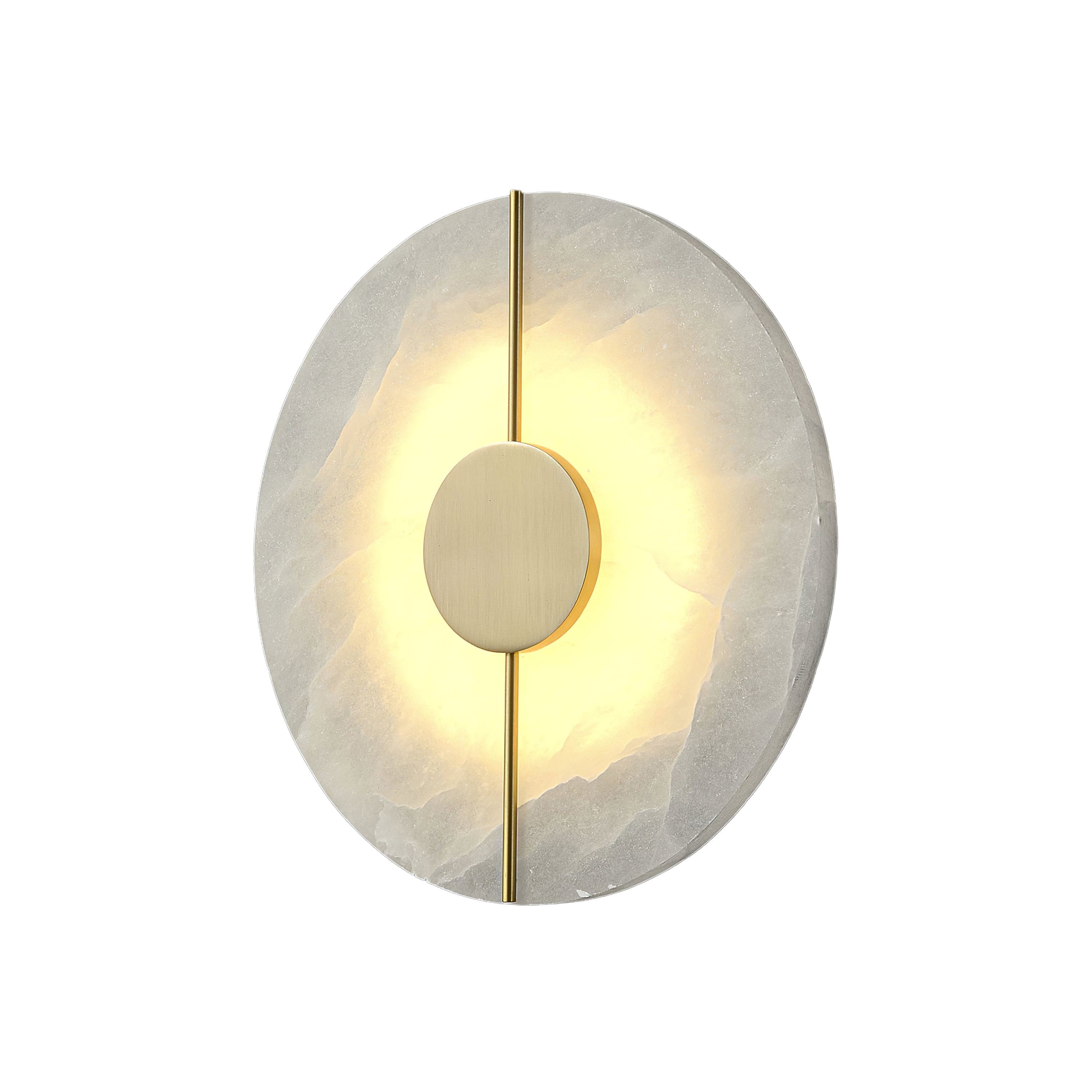 Wall light with a round veined alabaster disc, a slim brass rod and a brass centre disc lit on a white background.
