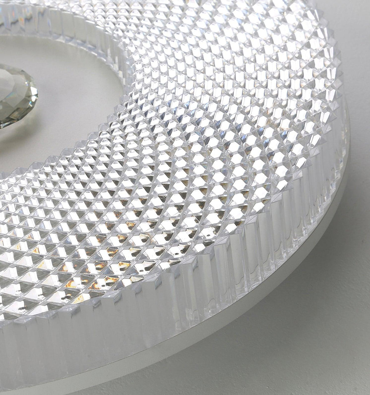 Ayla LED Flush Mount Ceiling Light in white, close-up of the faceted acrylic shade