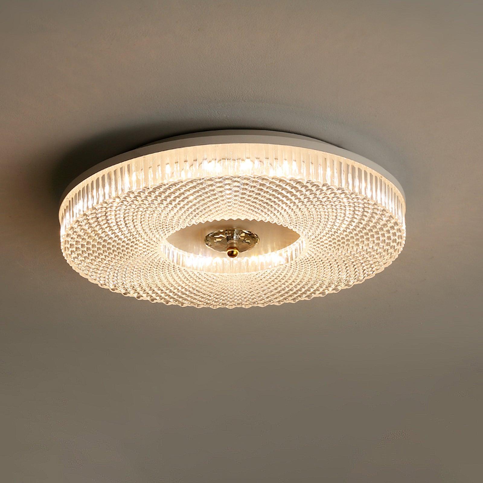 Ayla LED Flush Mount Ceiling Light in the white and opaque acrylic finish, lit and ceiling mounted