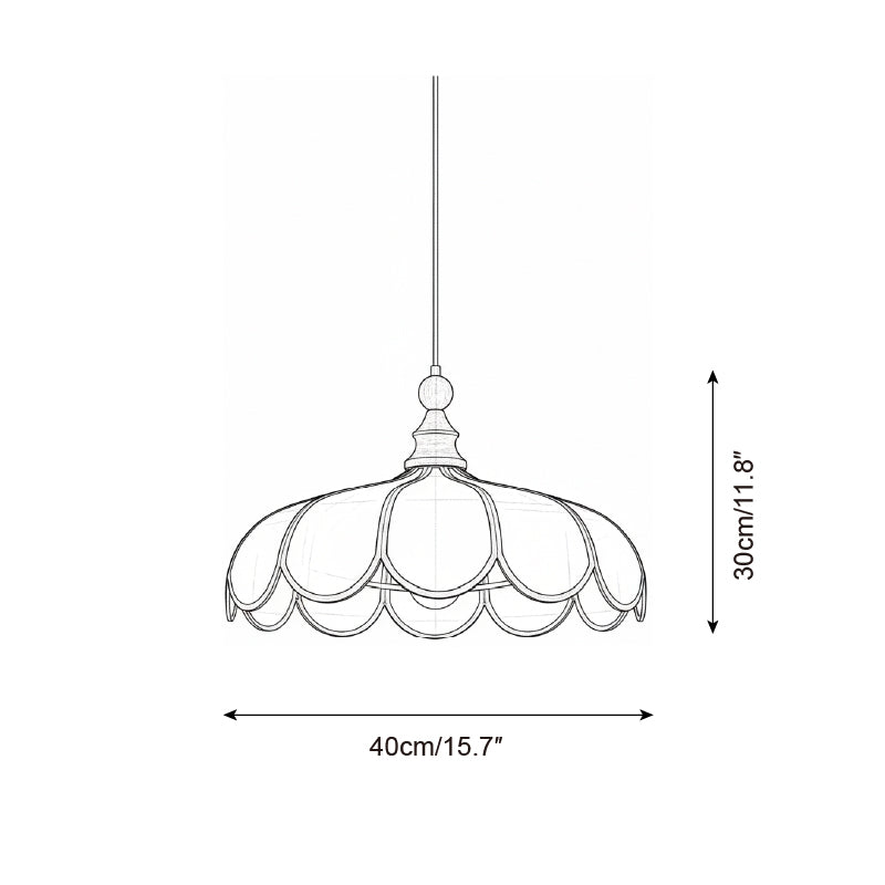 Line drawing of the scalloped pendant light with its printed measurements, reading 40cm / 15.7 inches across and 30cm / 11.8 inches deep.