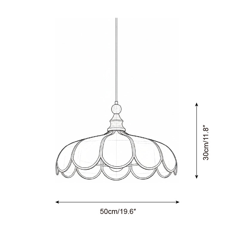 Line drawing of the scalloped pendant light with its printed measurements, reading 50cm / 19.6 inches across and 30cm / 11.8 inches deep.