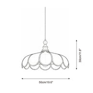 Line drawing of the scalloped pendant light with its printed measurements, reading 50cm / 19.6 inches across and 30cm / 11.8 inches deep.