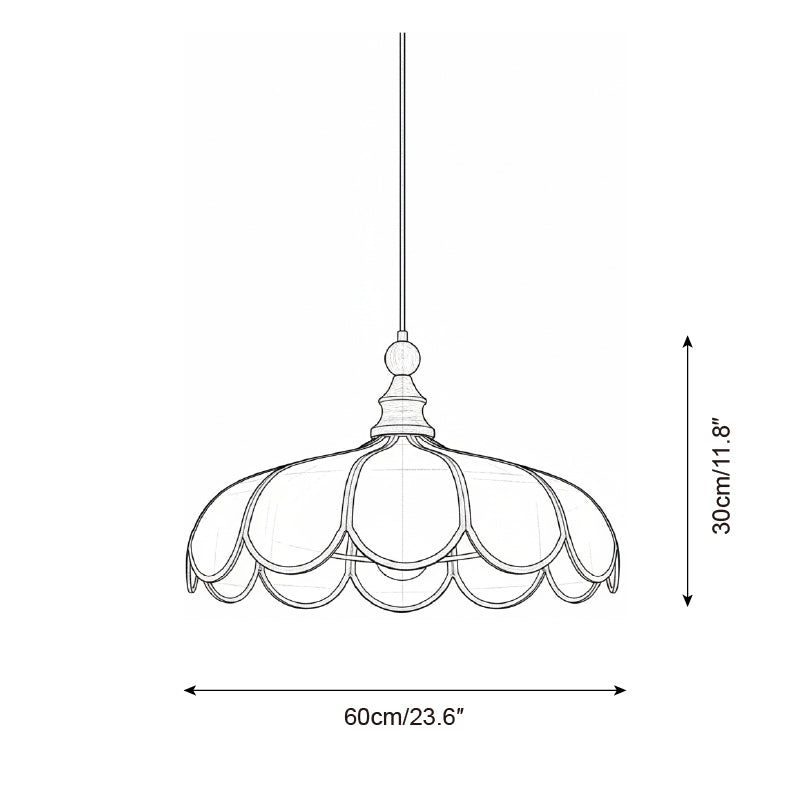 Line drawing of the scalloped pendant light with its printed measurements, reading 60cm / 23.6 inches across and 30cm / 11.8 inches deep.
