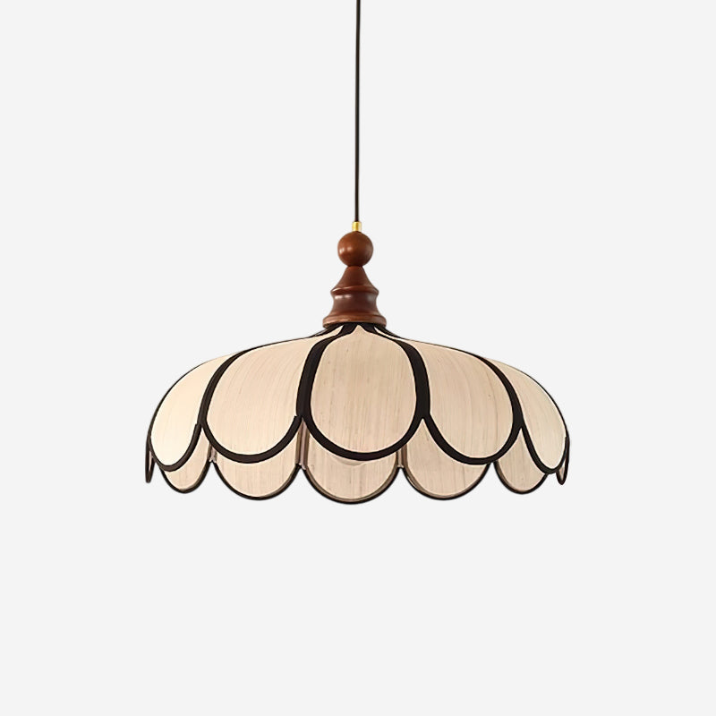Pendant light with a scalloped beige shade, dark ribs and a turned walnut-coloured wooden top, shown small on a white background.