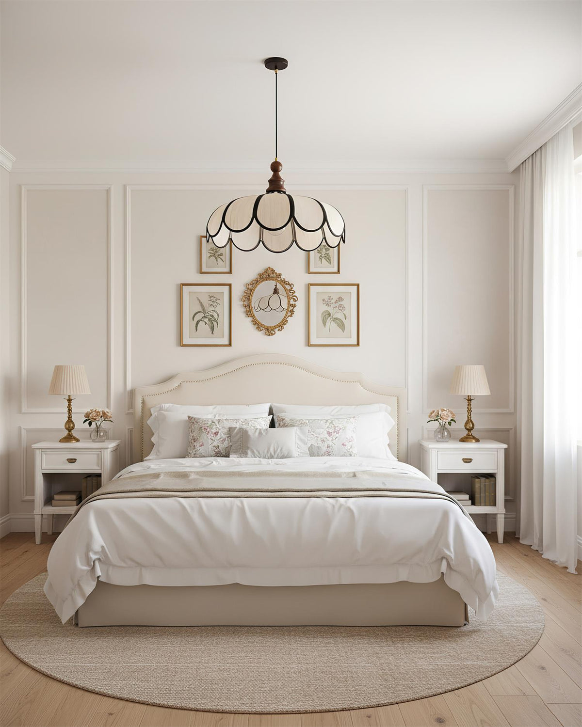 Pendant light with a scalloped beige shade, dark ribs and a turned walnut-coloured wooden top above a bed in a panelled bedroom.