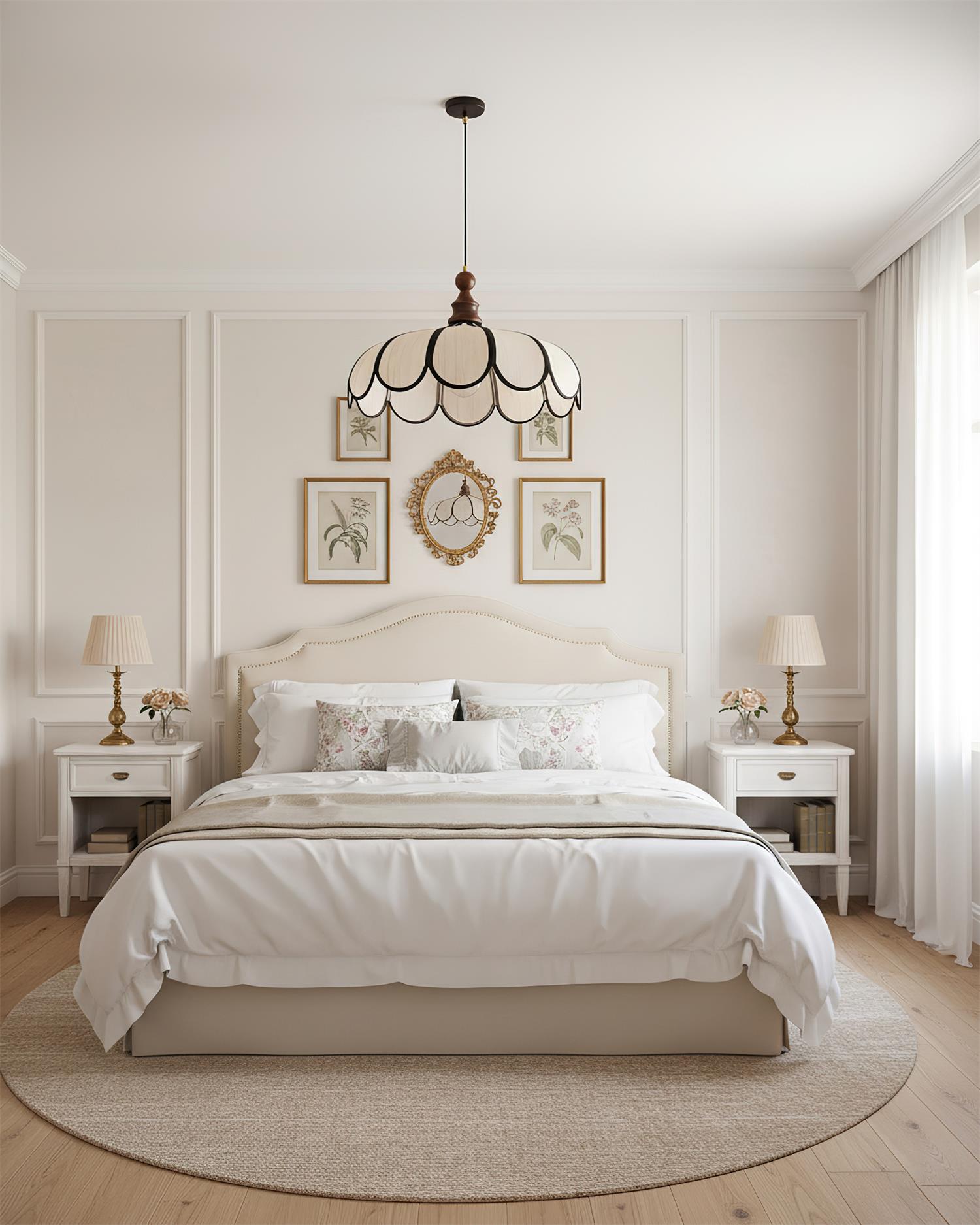 Pendant light with a scalloped beige shade, dark ribs and a turned walnut-coloured wooden top above a bed in a panelled bedroom.