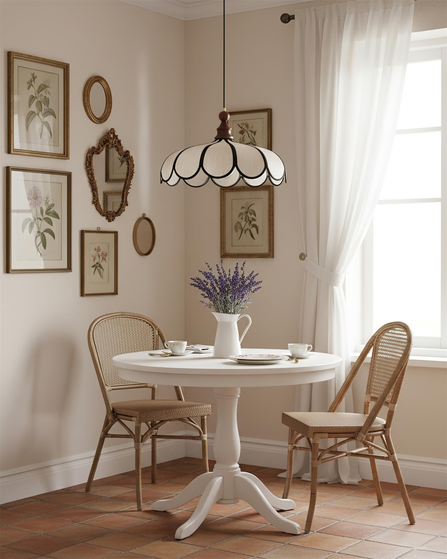 Pendant light with a scalloped beige shade, dark ribs and a turned walnut-coloured wooden top above a small round table with two cane chairs.