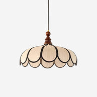 Pendant light with a scalloped beige shade, dark ribs and a turned walnut-coloured wooden top, shown small on a white background.