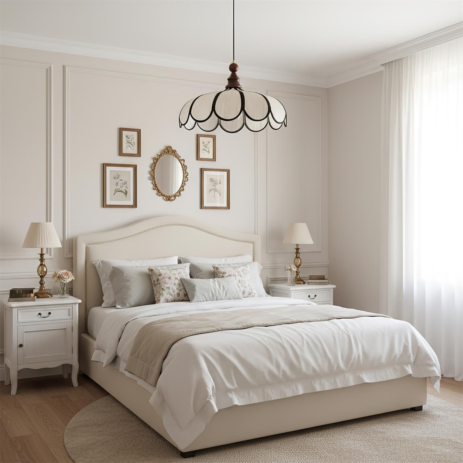 Pendant light with a scalloped beige shade, dark ribs and a turned walnut-coloured wooden top above a bed in a bedroom with framed prints and a mirror.