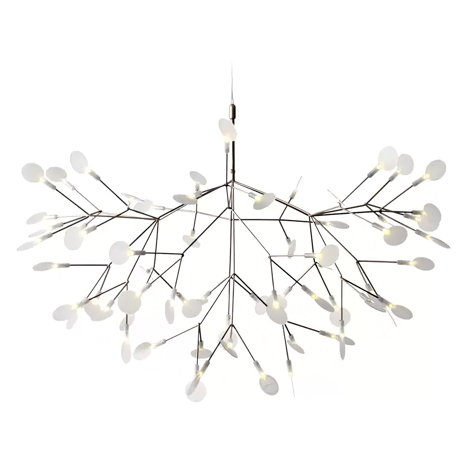 Comvilo firefly LED chandelier in black, wide spread of the branching arms and leaf-shaped diffusers on a plain background