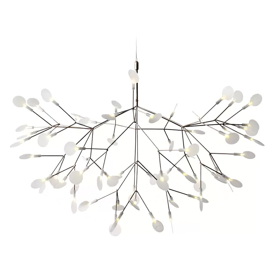 Comvilo firefly LED chandelier in black, wide spread of the branching arms and leaf-shaped diffusers on a plain background