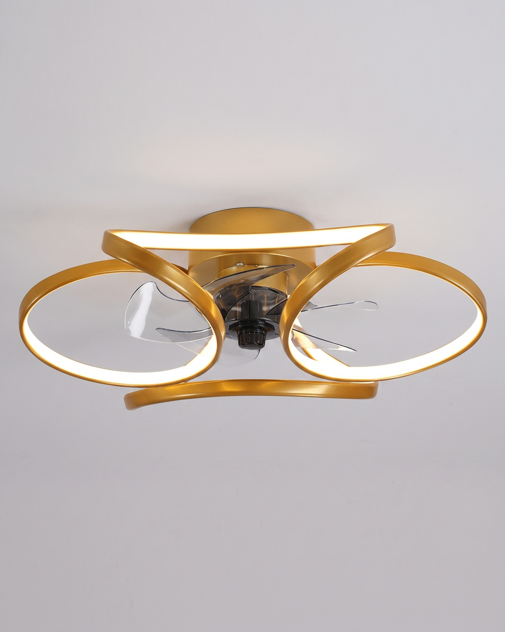 Comvilo Flower Ceiling Fan with Light Modern LED Recessed Light in gold, installed, from a different vantage.