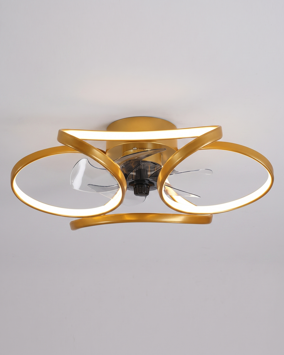 Comvilo Flower Ceiling Fan with Light Modern LED Recessed Light in gold, installed, from a different vantage.