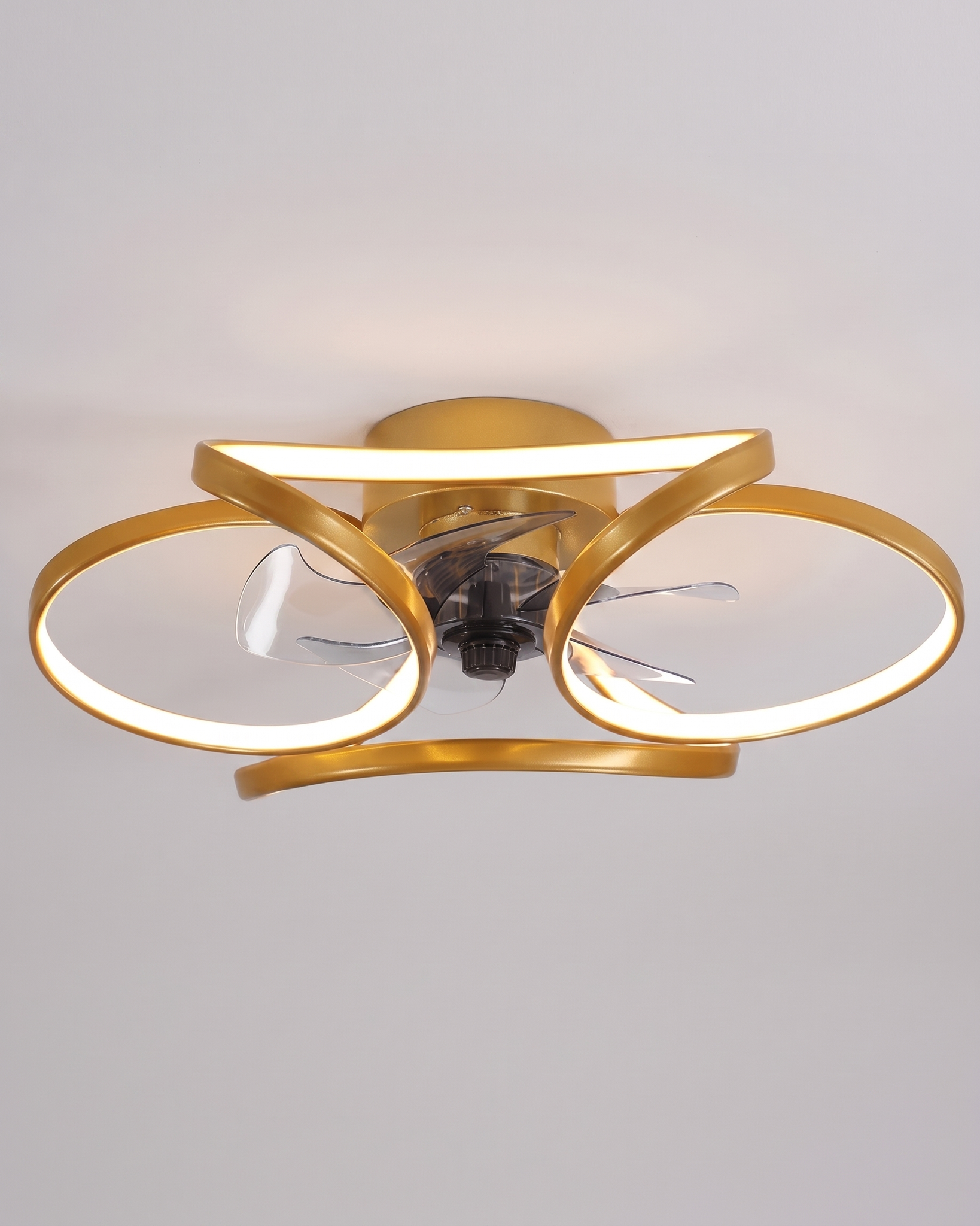 Comvilo Flower Ceiling Fan with Light Modern LED Recessed Light in gold, shown lit.