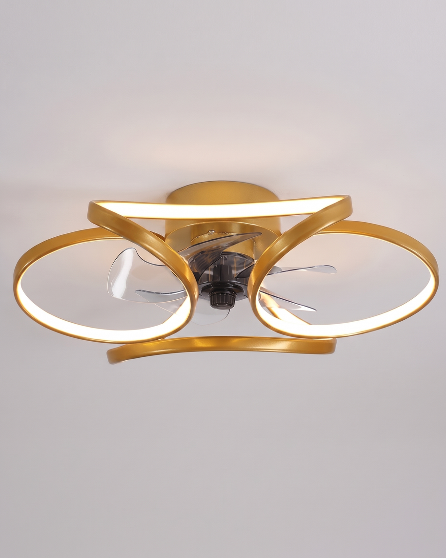 Comvilo Flower Ceiling Fan with Light Modern LED Recessed Light in gold, shown lit.