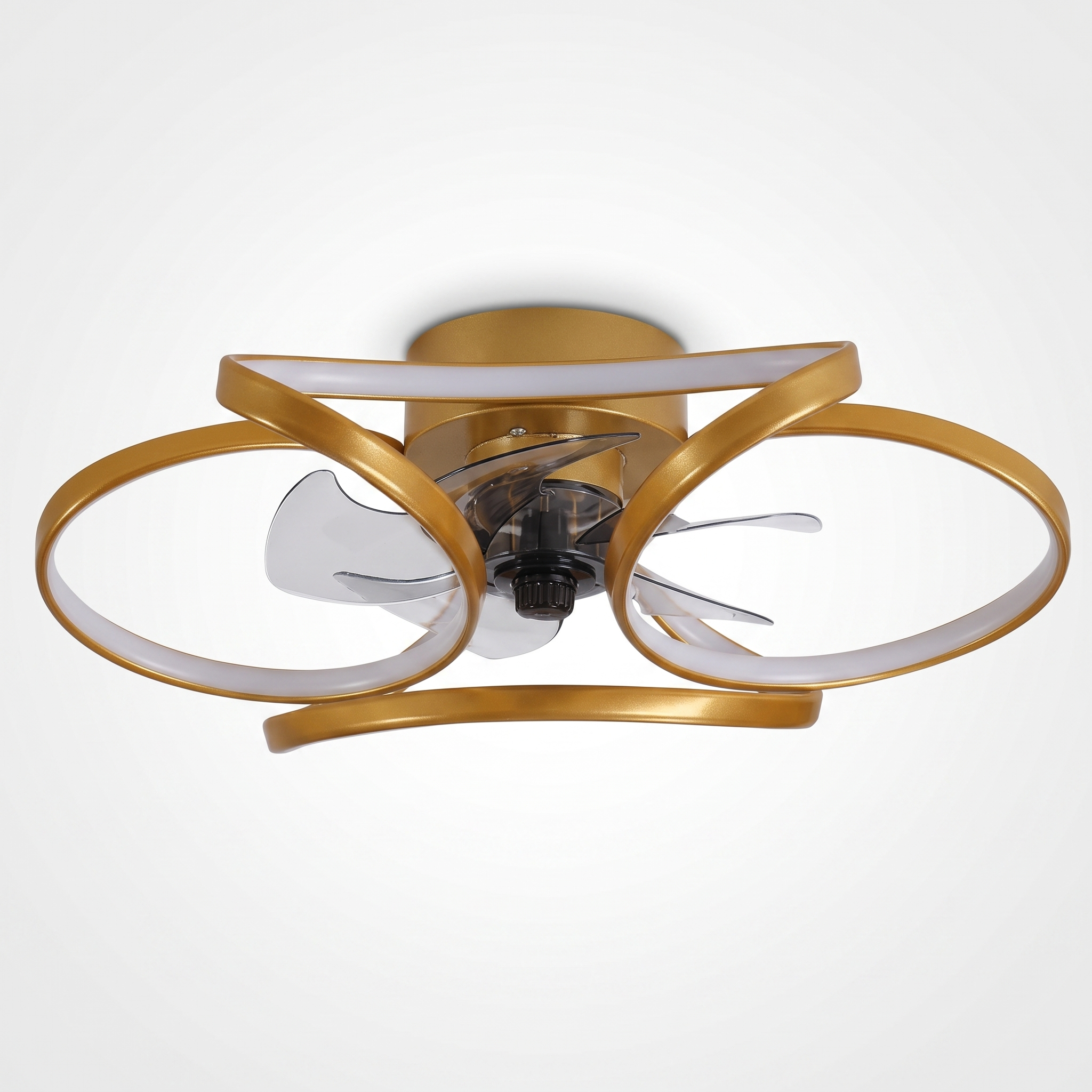 Comvilo Flower Ceiling Fan with Light Modern LED Recessed Light in gold, showing construction and ceiling mount.