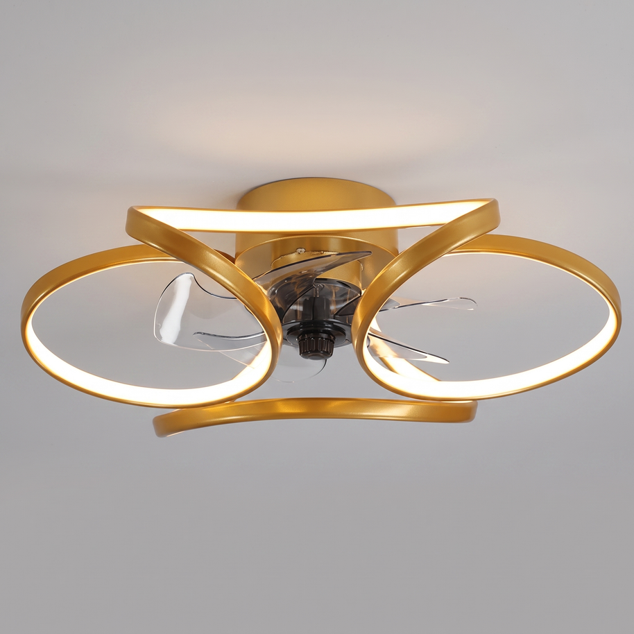 Comvilo Flower Ceiling Fan with Light Modern LED Recessed Light in gold, in profile from an alternate angle.