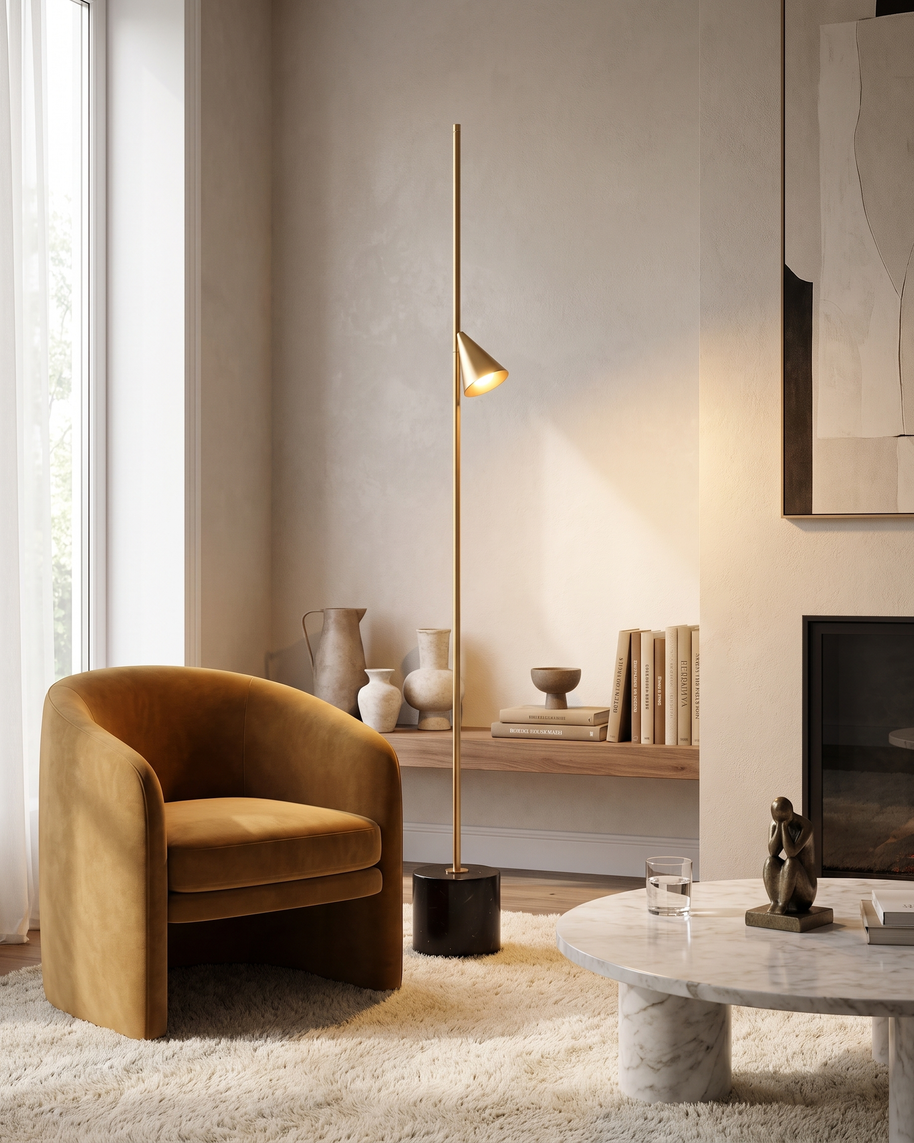 Comvilo Soreluna Floor Lamp in Gold and Black, portrait product view