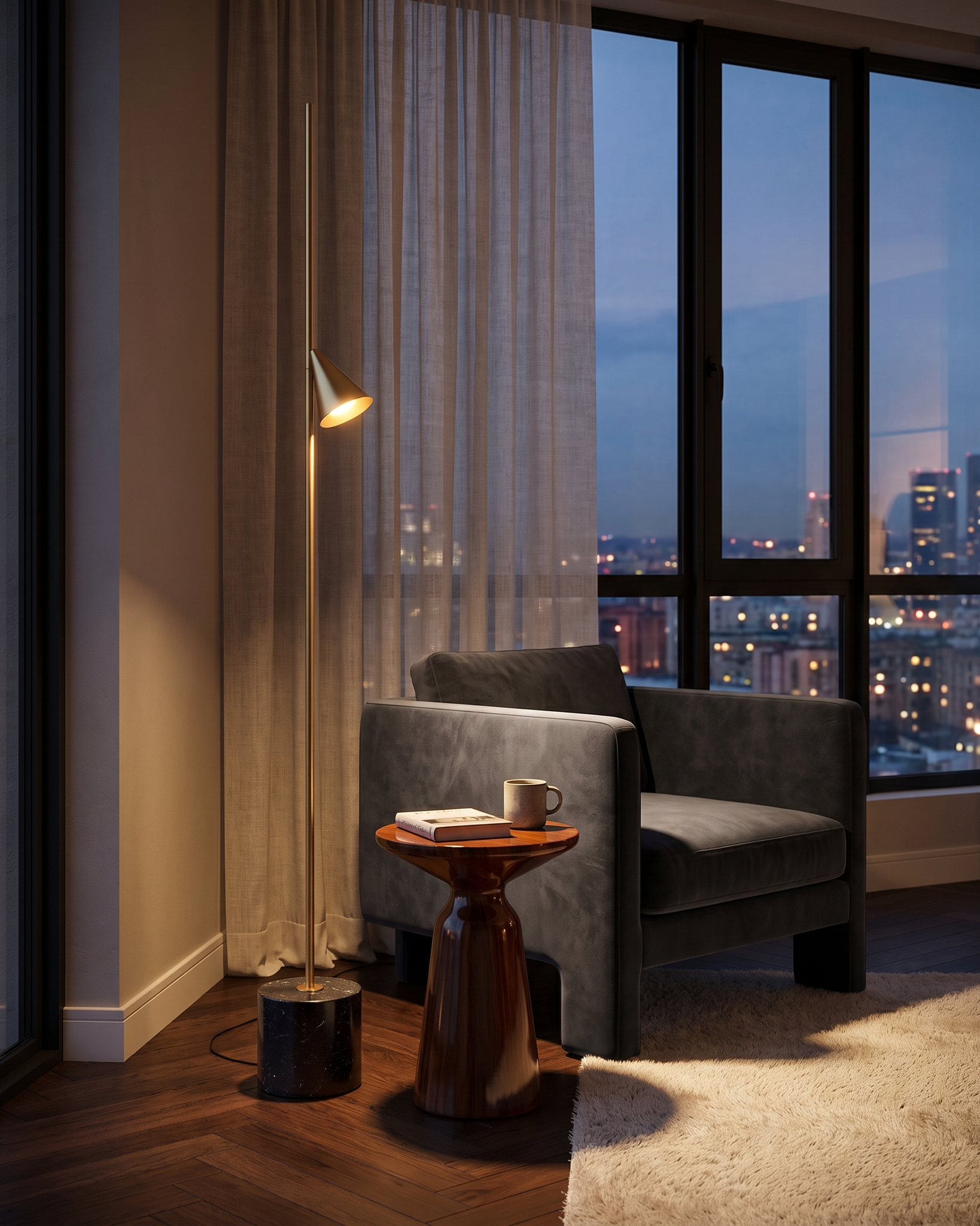 Comvilo Soreluna Floor Lamp in Gold and Black, portrait product view