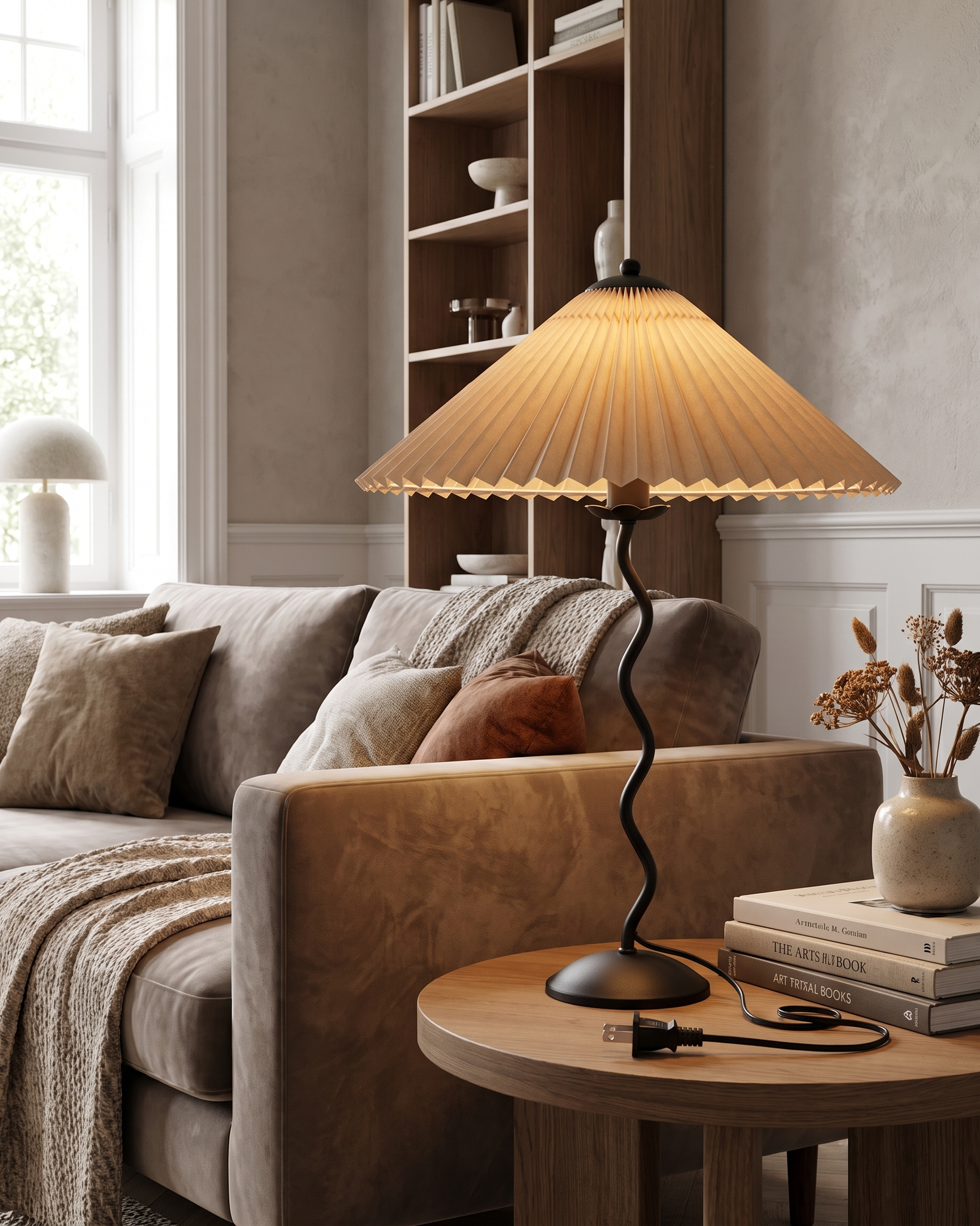 Ondine Pleated Table Lamp in Black and Beige, portrait product view