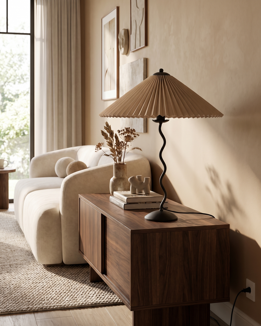 Ondine Pleated Table Lamp in Black and Beige, portrait product view