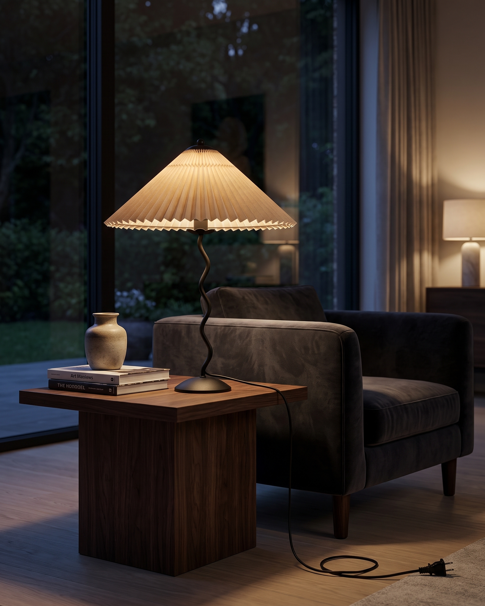 Ondine Pleated Table Lamp in Black and Beige, portrait product view