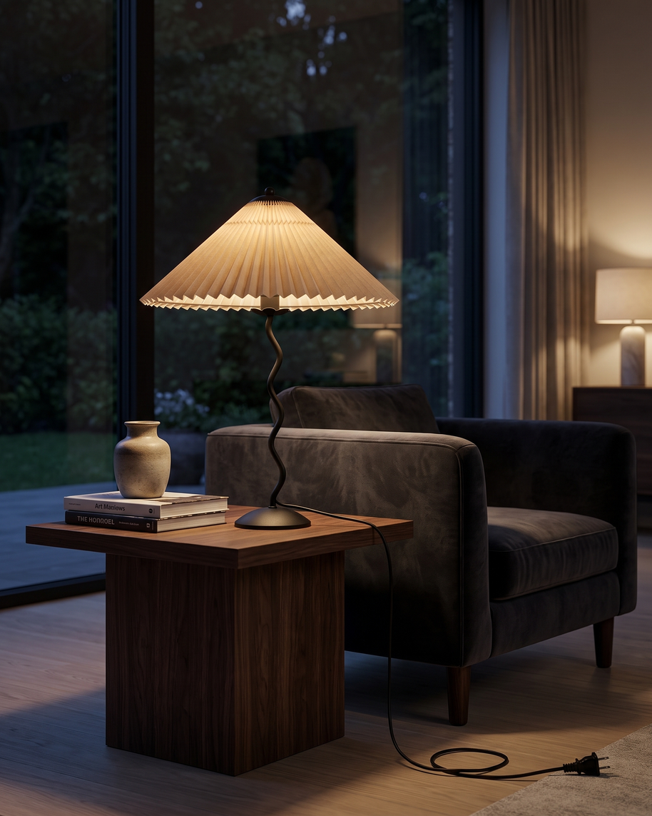 Ondine Pleated Table Lamp in Black and Beige, portrait product view