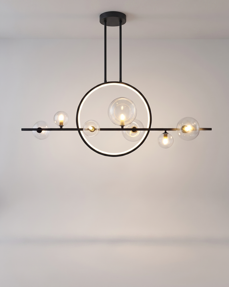 Comvilo Noctelle Seven Light Glass Bubble Chandelier in a seven-light configuration, installed in a plain interior.