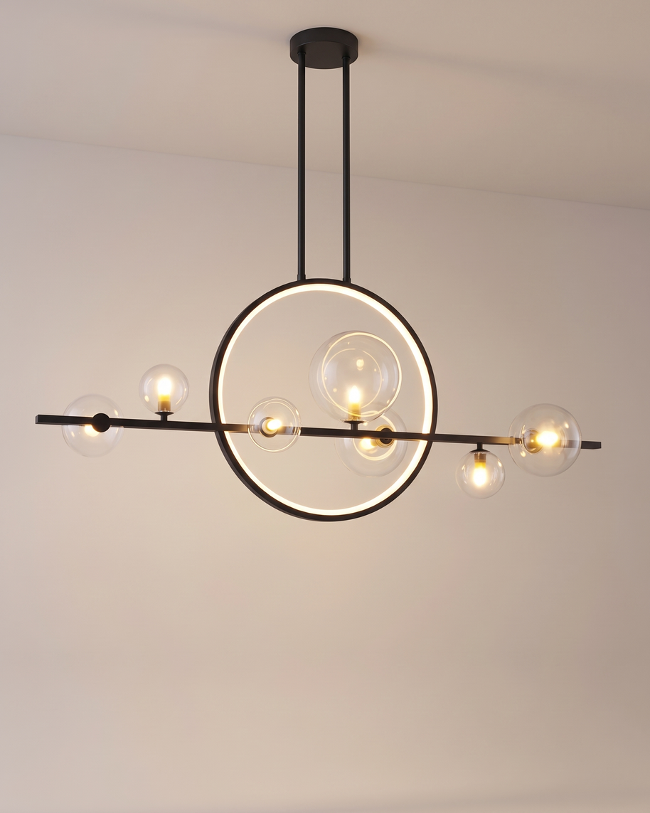 Comvilo Noctelle Seven Light Glass Bubble Chandelier in a seven-light configuration, installed, from a different vantage.