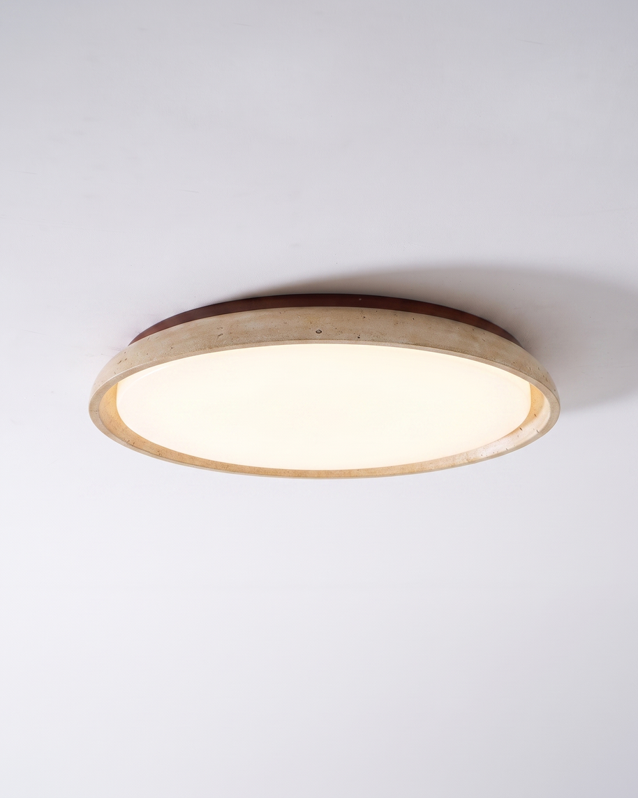 Pietra Walnut Travertine Ceiling Light in walnut colour and beige, installed in a plain interior.