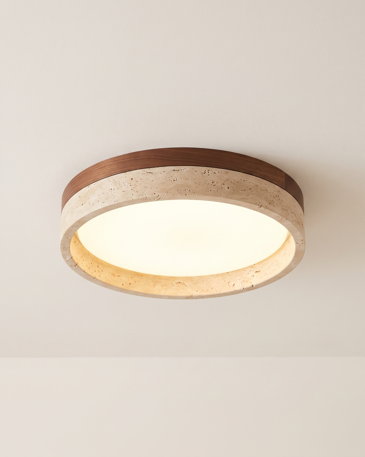 Pietra Walnut Travertine Ceiling Light in walnut colour and beige, installed, from a different vantage