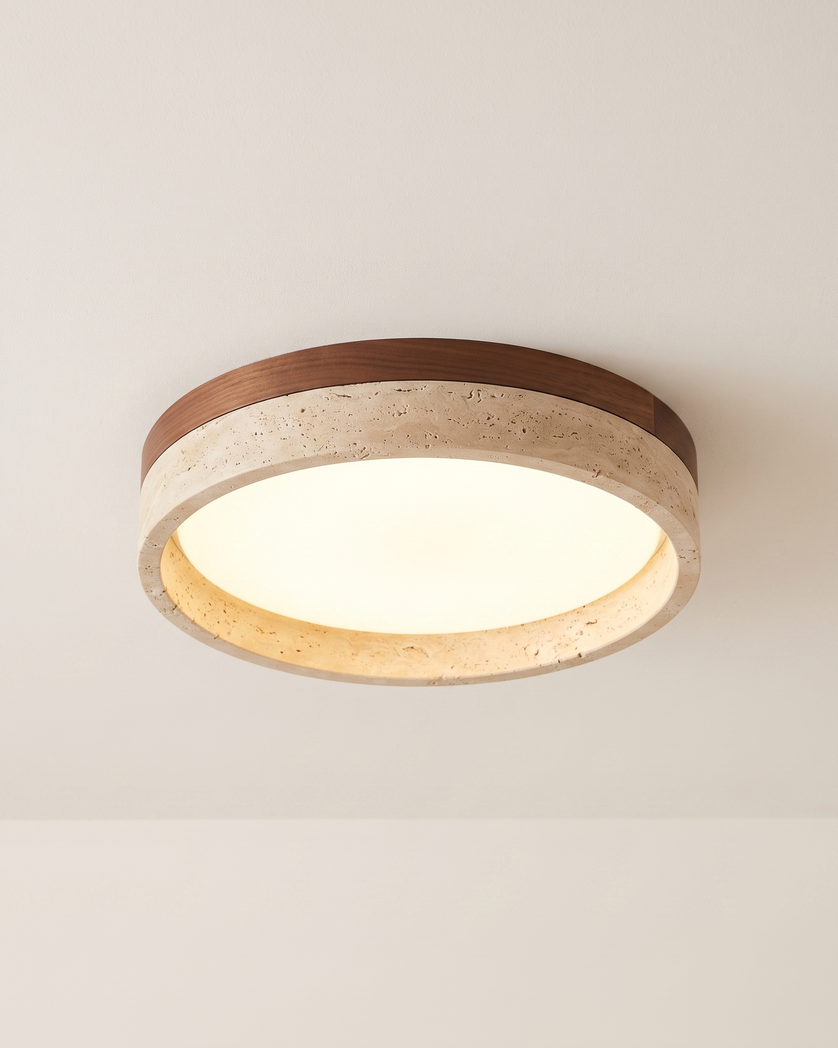 Pietra Walnut Travertine Ceiling Light in walnut colour and beige, installed, from a different vantage.